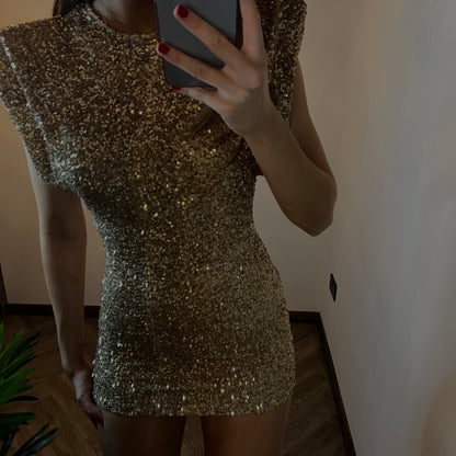 NOVA Shoulder Padded Sequin Dress