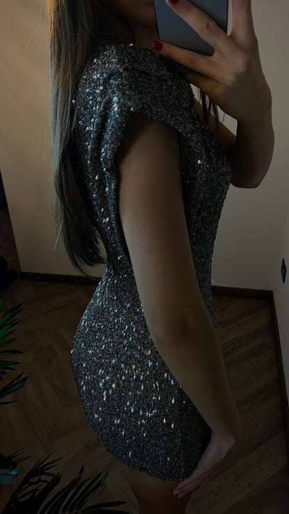 NOVA Shoulder Padded Sequin Dress