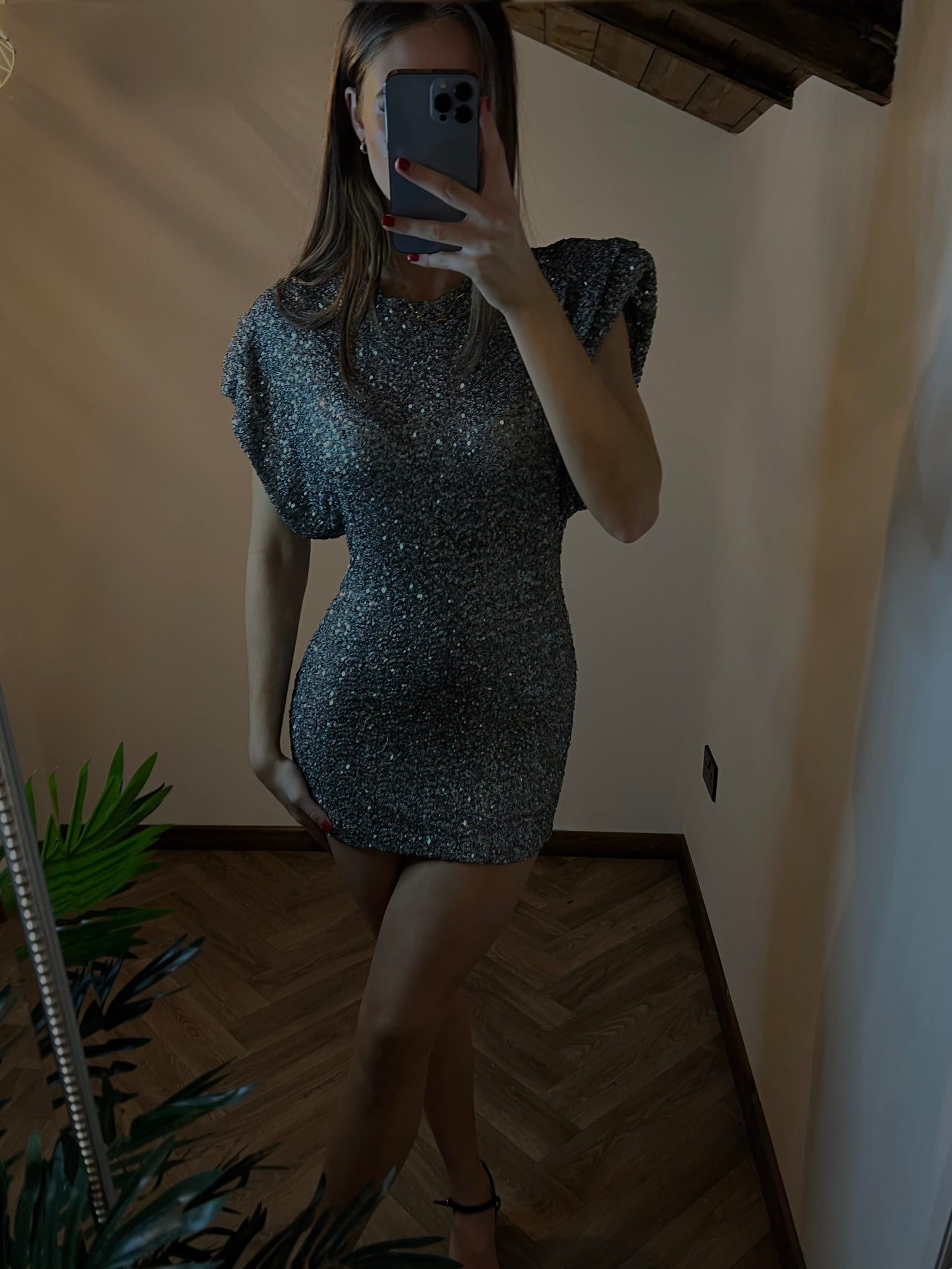 NOVA Shoulder Padded Sequin Dress