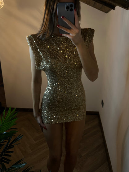 NOVA Shoulder Padded Sequin Dress