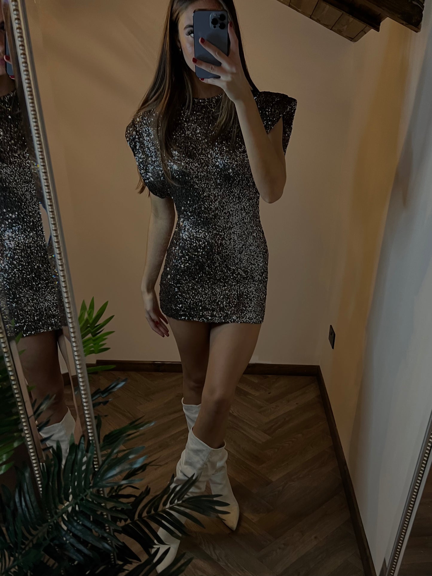 NOVA Shoulder Padded Sequin Dress