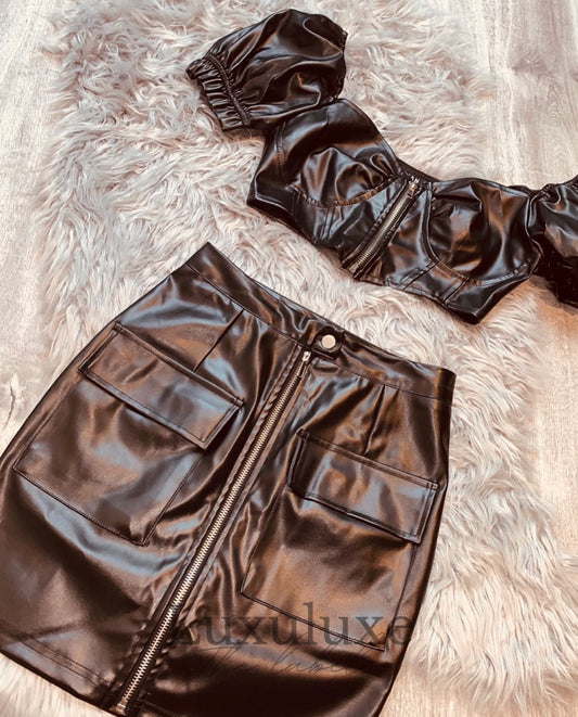 EVIE Faux Leather Top & Skirt Set